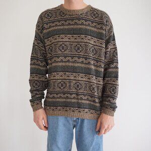 VTG'80s St John's Bay Green Taupe 3D Biggie Cosby Eclectic Crew Neck Sweater L